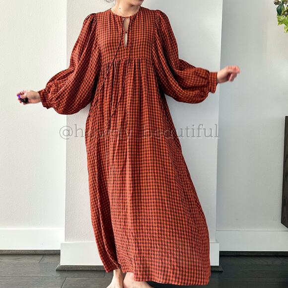 MR. LARKIN Checkered Burnt Orange Balloon Sleeves Maxi Dress - Picture 8 of 10